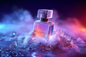 Perfume advertisement, fragrance and neon: perfume bottle emerging from neon fog, dramatic lighting from below, surreal composition.