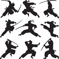 Black silhouette of martial artists in dynamic poses with swords martial arts ninja