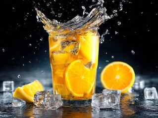 Photograph of a citrus drink with splash and ice pieces. Generative AI
