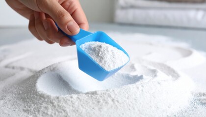 Hand Holding Blue Plastic Scoop Of Laundry Powder