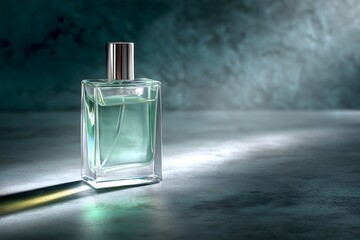 Perfume advertisement, fragrance and minimalism: simple and elegant perfume ad, transparent fragrance bottle with light reflections.