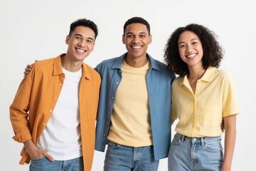 Three smiling young adults stand close together, arms around each other, showcasing friendship and unity.