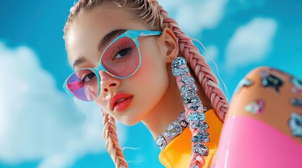 Close-up portrait of a young woman with long blonde hair styled in two braids. she is wearing a pair of oversized sunglasses with a blue frame and pink lenses.