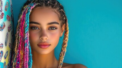 Close-up portrait of a young woman with long braided hair. she is standing in front of a turquoise background with a colorful patterned curtain on the left side.