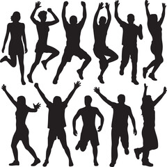 Diverse people in dynamic poses celebrating and moving silhouette celebration