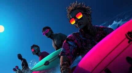 Group of young men surfing on the ocean at night. the sky is a deep blue with the sun shining brightly in the top left corner.