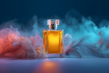 Perfume advertisement, fragrance and neon: still life of elegant perfume bottle surrounded by neon feathers and vapor mist.