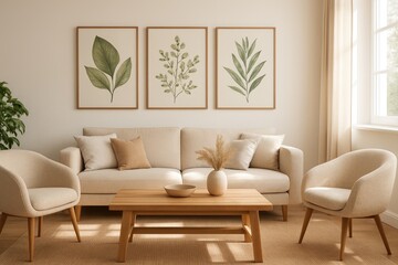 Beige sofa and chairs with botanical art and wooden coffee table living room armchair