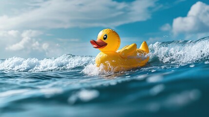Yellow rubber duck floating on top of a wave in the ocean. the duck is in the center of the image, with its body partially submerged in the water.