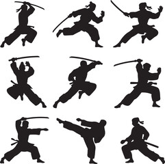 Martial artists performing combat moves with swords silhouette martial arts