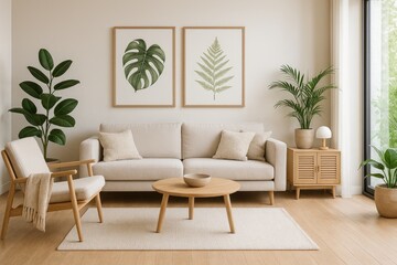 Beige sofa with plants and botanical art in a bright living room armchair coffee table