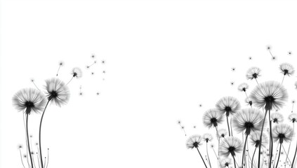 Abstract minimalist vector illustration of dandelion seeds floating on pure white background, flat design with sharp focus, low contrast cinematic lighting, detailed black and white organic pattern, s