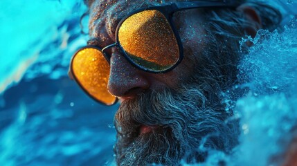 Close-up portrait of a man's face in the water. he is wearing a pair of sunglasses with orange lenses and a black frame. the man has a long beard and mustache and is swimming in a pool of blue water.