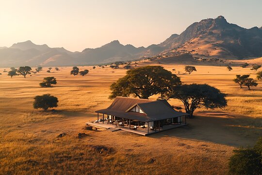 African Safari Lodge Aerial View at Sunset - Powered by Adobe