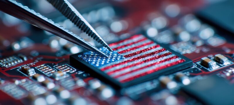 The intricate microchip featuring the American flag in a technological setting.