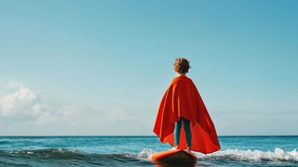 Young boy standing on a surfboard in the ocean. he is wearing a bright orange cape that covers his back and shoulders. the boy is facing away from the camera, with his back towards the horizon.