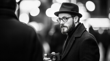 Black and white photograph of a man holding a vintage camera. he is wearing a coat and a fedora, and has a beard and glasses. the man is looking off to the side with a serious expression on his face.