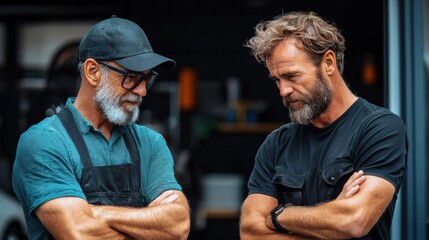 Two men standing in a garage or workshop, facing each other with their arms crossed. the man on the left is wearing a green polo shirt, a black cap, and a black apron.