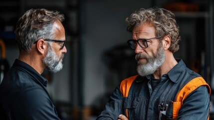 Two men in a workshop, engaged in a conversation. the man on the left is older and has grey hair and a beard, wearing a black shirt and glasses.