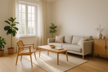 Fototapeta premium Light filled Scandinavian living room with natural wood furniture and plants sunlit