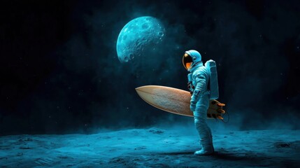 Astronaut standing on the surface of the moon, holding a surfboard. the astronaut is wearing a white suit with a helmet and carrying a backpack on his back.