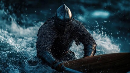 Knight in full armor, riding on a boat in the ocean. the knight is wearing a full suit of armor with a helmet and is holding a spear in his right hand.