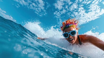 Young woman surfing in the ocean. she is wearing a black swimsuit and blue sunglasses. her hair is dyed in a rainbow of colors, including red, orange, yellow, green, blue, and purple.