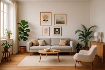 Modern Living Room with Neutral Tones and Botanical Art sofa armchair