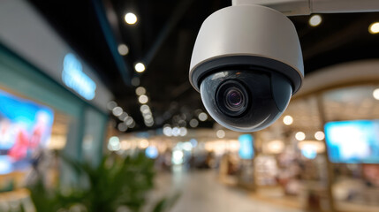 High definition security camera mounted ceiling, capturing retail environment with blurred background. camera ensures safety