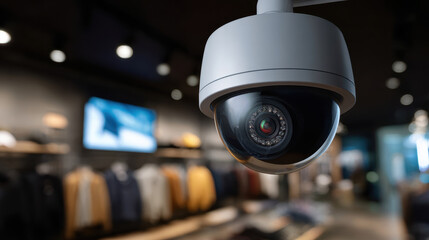 Surveillance camera retail store, capturing security footage with modern design and clear lens, ensuring safety and monitoring