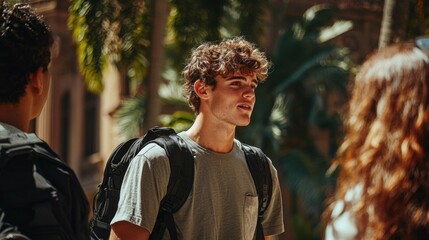 Young man with curly hair, wearing a grey t-shirt and carrying a black backpack. he is standing in front of a group of people, with palm trees and a building in the background.