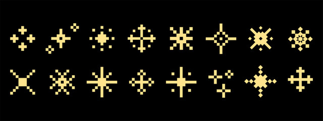 Abstract pixel icons in yellow color featuring crosses, stars, flashes and geometric shapes, perfect for retro gaming, UI design, digital art, icons and creative visual assets. Vector illustration
