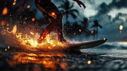 Surfer riding a wave on a surfboard at sunset. the surfer is in the center of the image, with their arms stretched out to the sides and their legs bent at the knees.