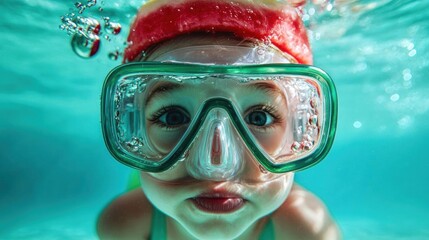 Close-up of a young child's face underwater. the child is wearing a red swim cap and a green snorkel mask.