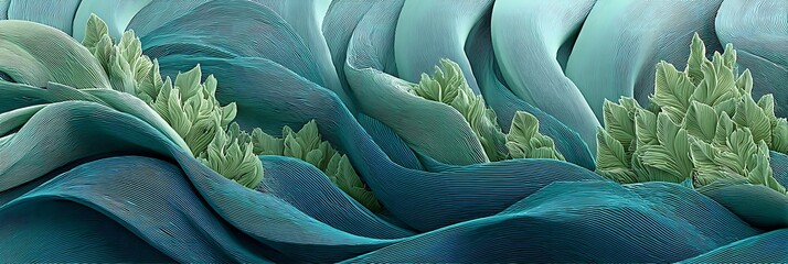 Cool monochromatic teal abstract waves with layered minimalist design