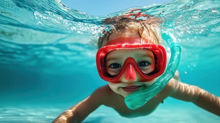Young boy swimming underwater in the ocean. he is wearing a red snorkel mask and a green snorkeling mask. the boy is looking directly at the camera with a big smile on his face.