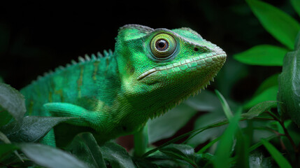 Fototapeta premium Vibrant green lizard blends seamlessly with lush foliage, showcasing intricate scales and curious expression. natural habitat