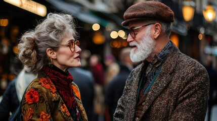 Man and a woman standing on a busy street at night. the woman is on the left side of the image, facing the man on the right side.