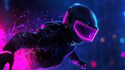 Person wearing a futuristic helmet and a black suit. the helmet is black with a pink visor and has a sleek design. the person is in mid-air, with their arms and legs stretched out in front of them.