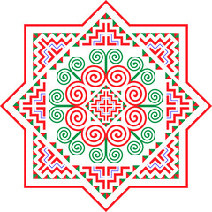 Hmong ethnic pattern, a pattern combining spiral and triangle patterns that resemble mountains, mixed with red and green.