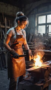 Stunningly beautiful blacksmith woman hits anvil with a hammer in a forge.