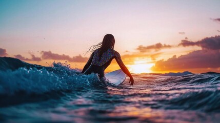 Surfer riding a wave at sunset. the surfer is wearing a colorful swimsuit and is holding a white surfboard. the sky is a beautiful orange and pink color, with the sun setting in the background.