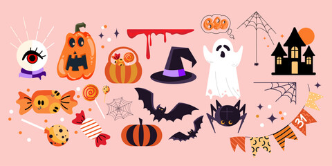 Halloween Icons Set with Ghosts, Pumpkins, Candy, bats, witches hats, spiders, and haunted house, perfect for party invitations, kids designs, social media, stickers, and seasonal marketing. Vector