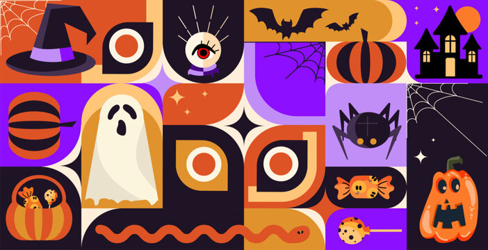 Halloween banner illustration with geometric shapes and icons, ghost, pumpkins, candy, bats, spider, haunted house in retro modern style,for party invitations, seasonal banners, social media.Vector