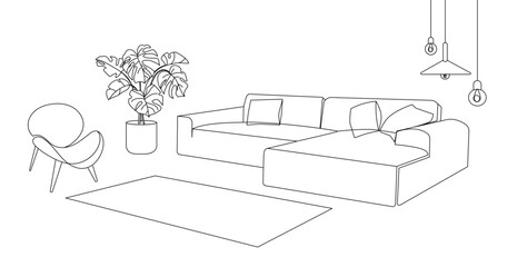 Minimalist Living Room Line Art with Sofa and Plants. Minimalist line art of a modern living room with sectional sofa, armchair, potted plant, pendant lights, and area rug. Vector illustration