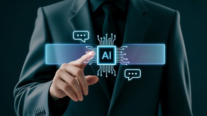 Person in suit interacting with futuristic ai interface and chat bubbles