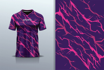 Sport jersey template mockup lightning thunderbolt texture grunge rustic abstract vector design for football soccer, racing, running, e sports, purple pink color