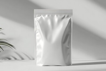 Shiny StandUp Pouch Mockup with Ziplock in Light Gray Setting, Leaf Shadow, Minimalist