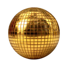 Shiny golden disco ball with reflective square mirror tiles isolated on transparent background