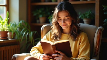 Mujer joven leyendo un libro de tapa dura junto a la ventana. Luz natural, plantas de interior y muebles vintage
